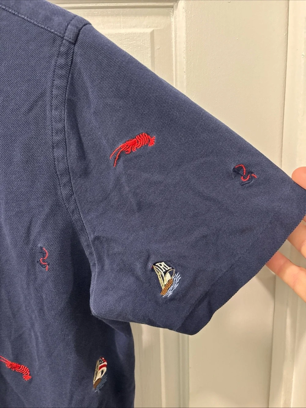 Ralph Lauren Men’s Navy Knit Oxford Polo Size M Nautical Lobsters Preppy EUC